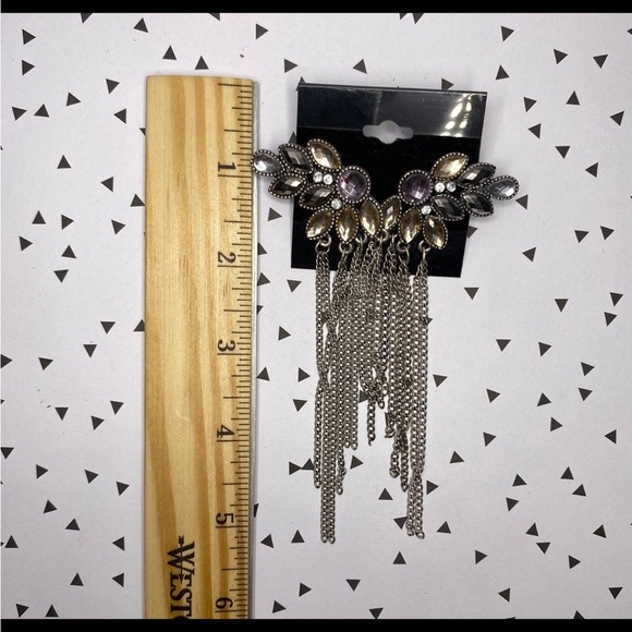 NEW Rhinestone Crusted Silver Toned Chain Tassel Earrings - Picture 5 of 7